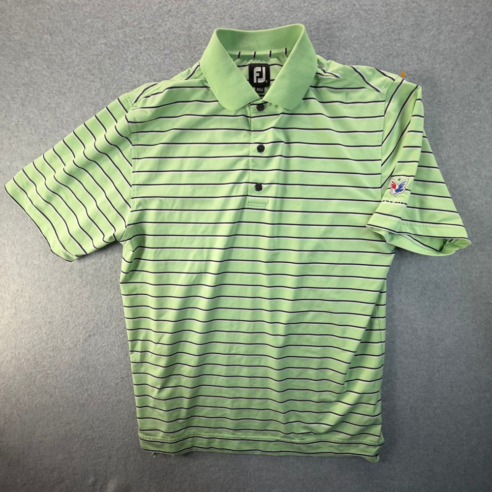 FootJoy Mens Green Striped Short Sleeve Golf Polo Shirt The Patriot Logo Size M